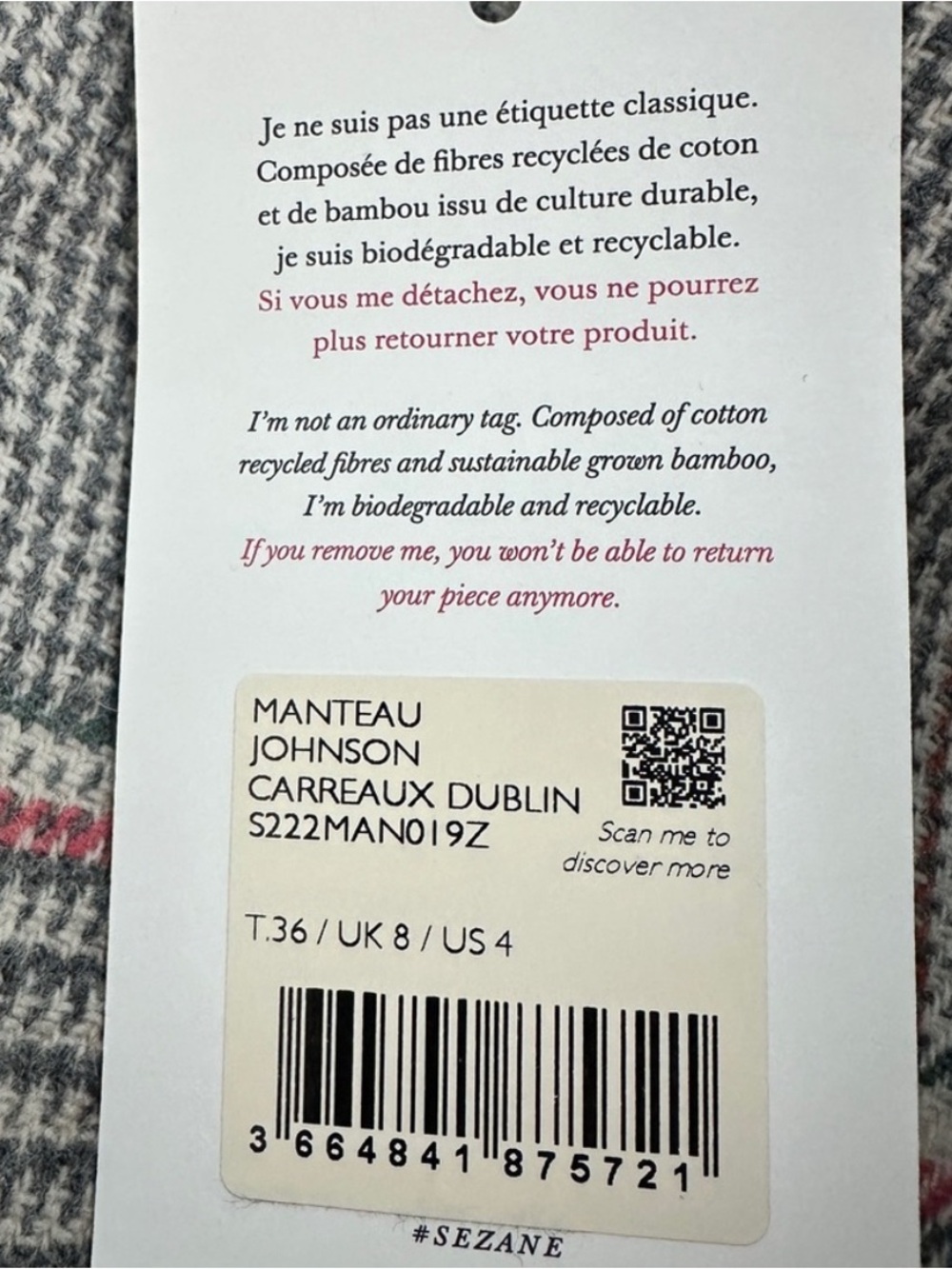 Sezane Johnson Coat Dublin Check - Size 4 - Picture 4 of 6